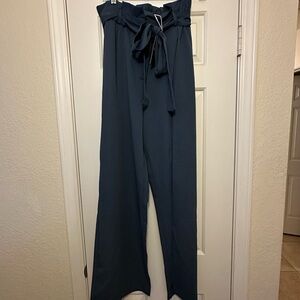 Women's Deep Sea Gray Paperbag High Waisted Belted Side Pocket Wide Leg Pants